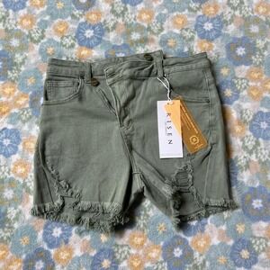 Risen Los Angeles Olive distressed denim asymmetrical shorts Women's M NWT